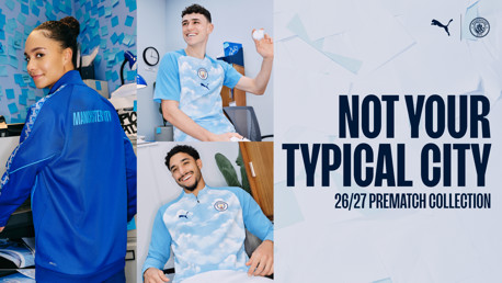 Manchester City 26/27 prematch collection featuring sky and cloud-themed apparel and a blue jacket with the club's name on the back.