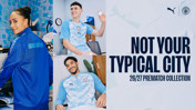 Manchester City 26/27 prematch collection featuring sky and cloud-themed apparel and a blue jacket with the club's name on the back.