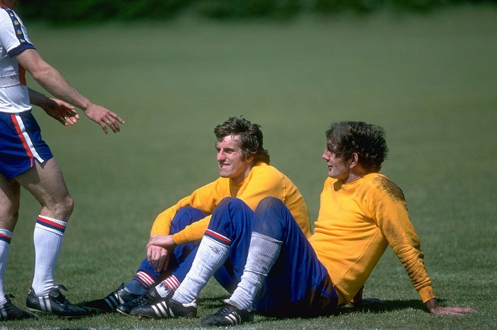 ENGLAND CALLING : Joe Corrigan takes a break in training alongside fellow national team keeper, Ray Clemence.