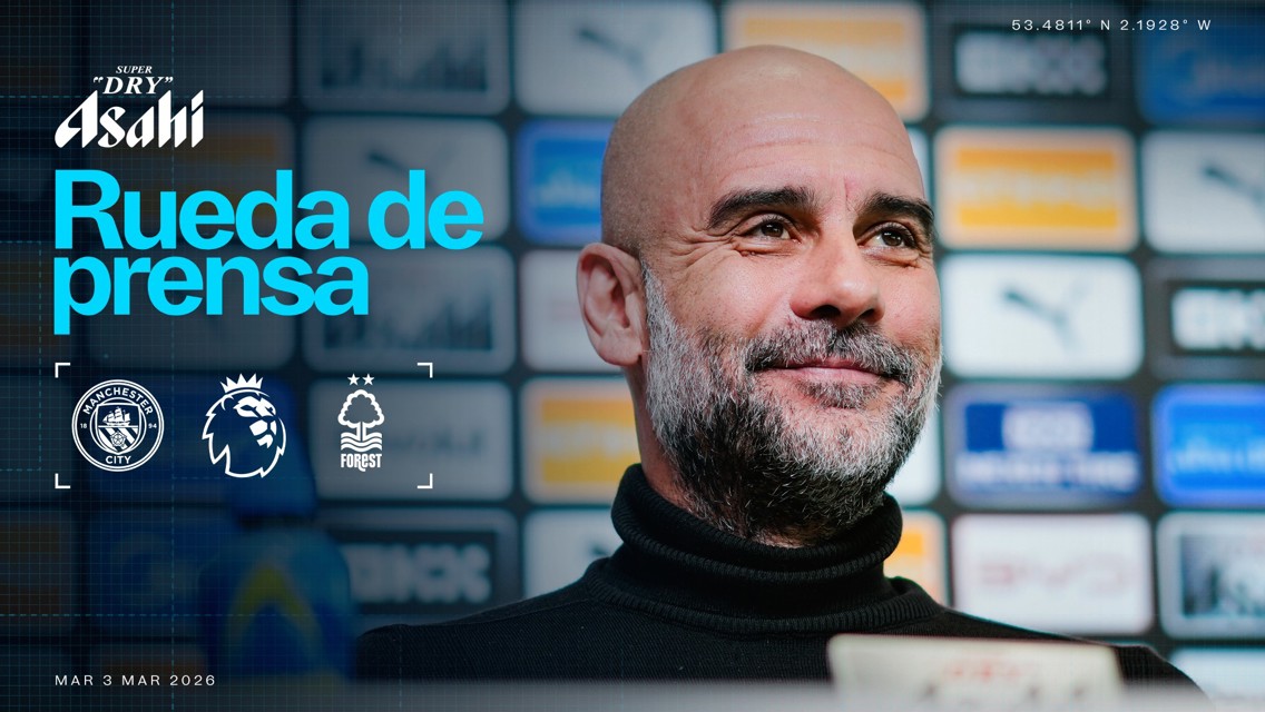 Promotional graphic for a press conference featuring Manchester City and Nottingham Forest. Date: Mar 3, 2026. Contains logos of Manchester City, Nottingham Forest, and Premier League.