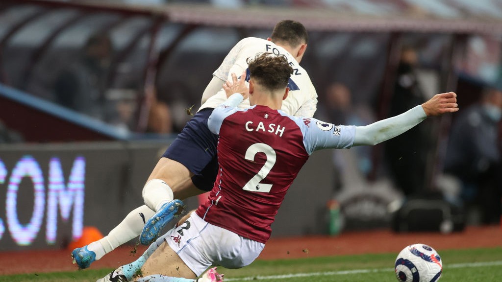 OFF NIGHT: Villa's Matty Cash also saw red for this challenge on Foden