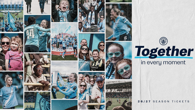 Collage promoting 26/27 Manchester City season tickets with fans and players. Includes slogan 'Together in every moment.'