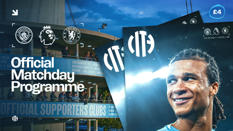 Official matchday programme featuring Manchester City and Chelsea logos, Premier League branding, supporters in the stadium, and a blurred player face. Priced at £4 with a kick-off at 5:30pm on 04.01.26.