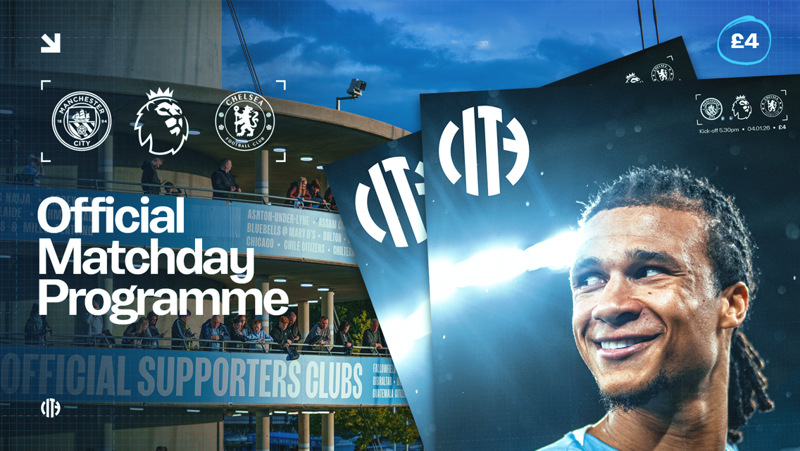 Official matchday programme featuring Manchester City and Chelsea logos, Premier League branding, supporters in the stadium, and a blurred player face. Priced at £4 with a kick-off at 5:30pm on 04.01.26.