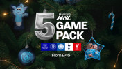 Christmas-themed advertisement for Manchester City Football Club's 5-game pack, featuring gifts and decorations with club logos and emblem. Includes opponents Everton, Chelsea, Tottenham, Liverpool logos.