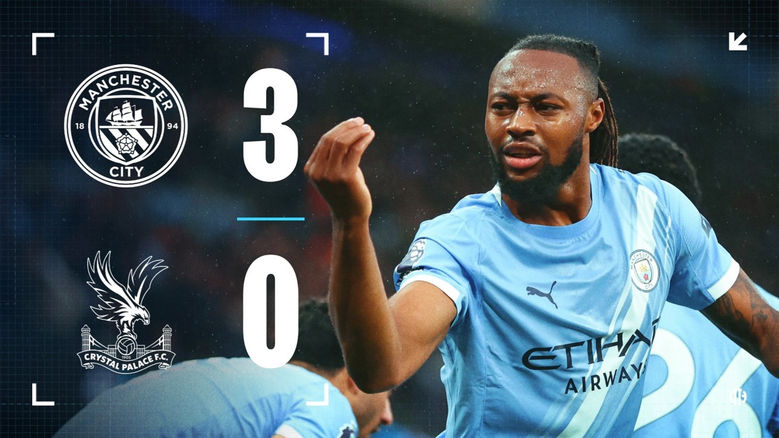 Manchester City defeats Crystal Palace 3-0; image features a Manchester City player celebrating.