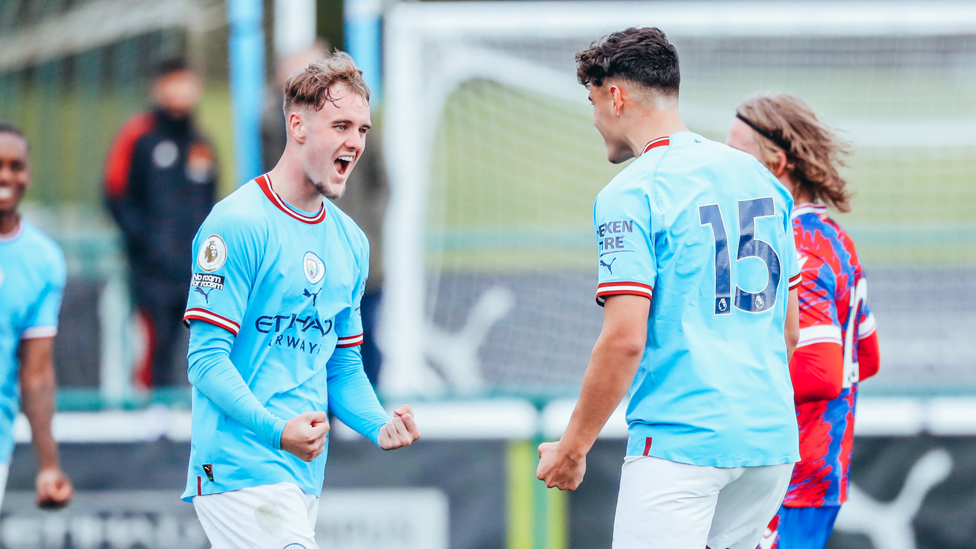THRILLER : Josh Adam is congratulated after his goal in an exciting 3-3 draw with Crystal Palace