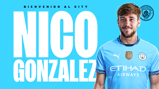 An image showing Nico Gonzalez in a Manchester City kit with text 'Bienvenido al City' and the Manchester City logo.