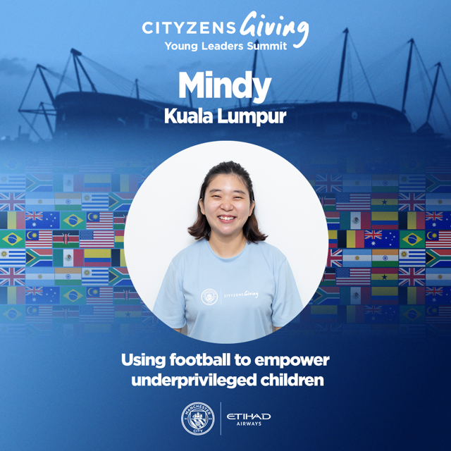 Promotional poster for the Cityzens Giving Young Leaders Summit featuring Mindy from Kuala Lumpur, with a tagline about using football to empower underprivileged children and logos of Manchester City and Etihad Airways.