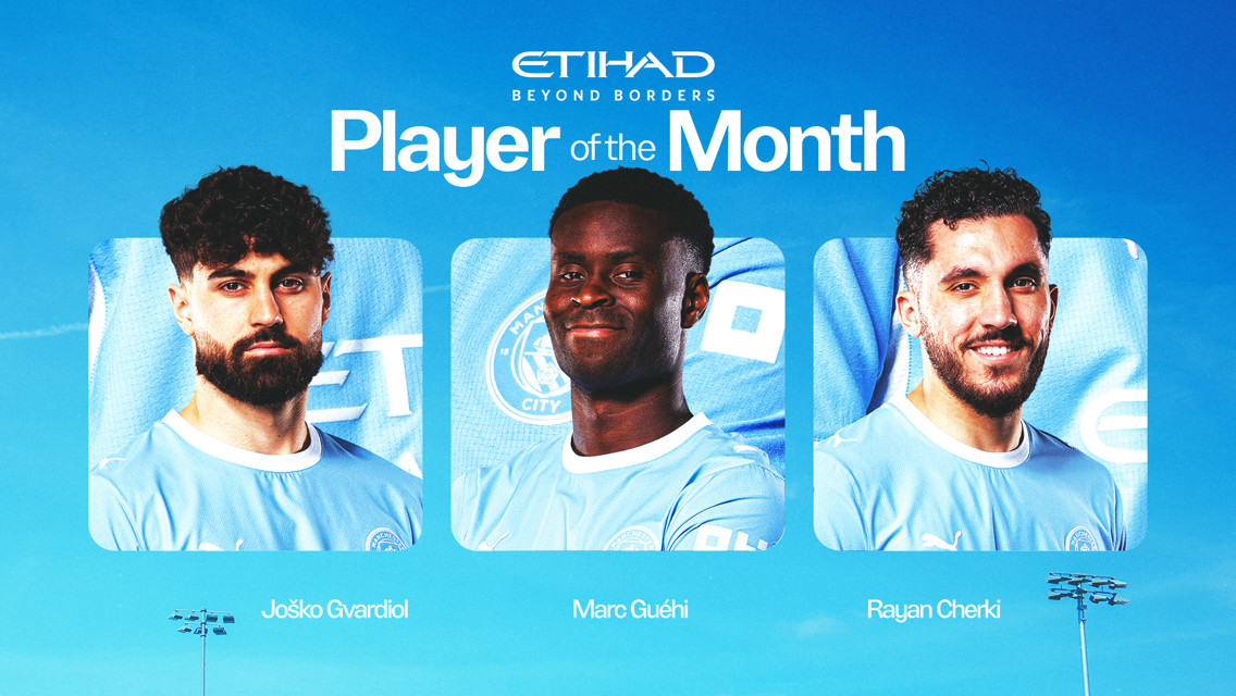 Graphic featuring three players in Manchester City jerseys nominated for Etihad's Player of the Month.