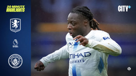 A football player in a Manchester City kit with logos for Aston Villa, Manchester City, and Premier League on the side, promoting 20-minute highlights for a match.