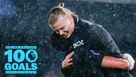 Image celebrating Erling Haaland's 100 goals in the Premier League from 2022/23 to present. It shows a player hugging another person in the rain, with a graphic text: Erling Haaland 100 Goals 2022/23-Present.