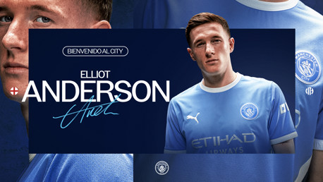 Graphic announcing Elliot Anderson's move to Manchester City. Features the player in a Man City kit with welcome text in Spanish.