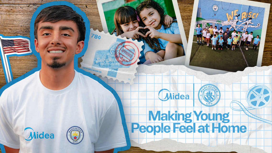Image with a young person wearing a Midea and Manchester City shirt. Includes U.S. flag, stamps, a group of children, and text: 'Making Young People Feel at Home.'
