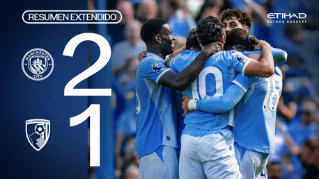 Extended match summary showing Manchester City 2-1 Bournemouth, with Manchester City players celebrating.