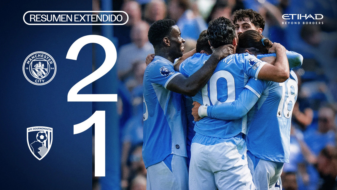 Extended match summary showing Manchester City 2-1 Bournemouth, with Manchester City players celebrating.