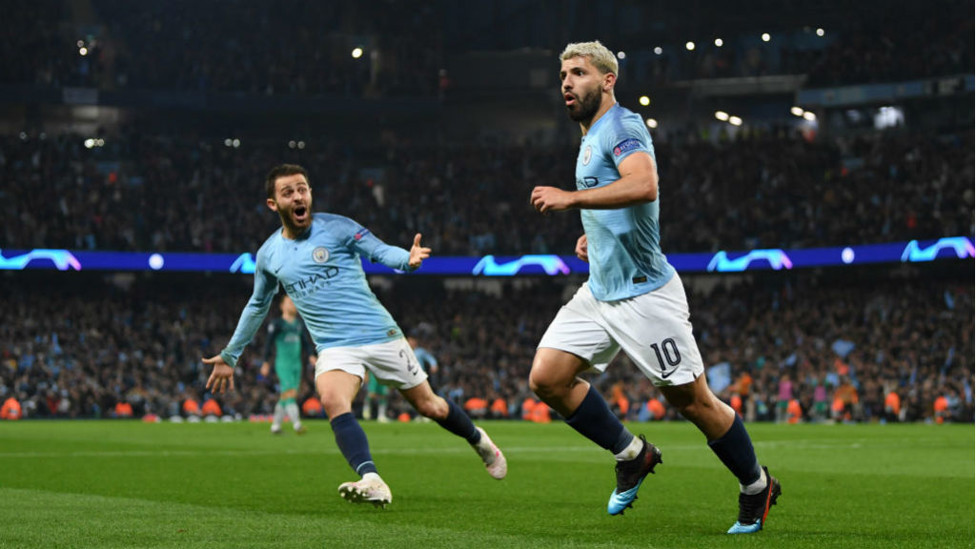 MASTER BLASTER : Sergio Aguero wheels away in triumph after his wonderful strike