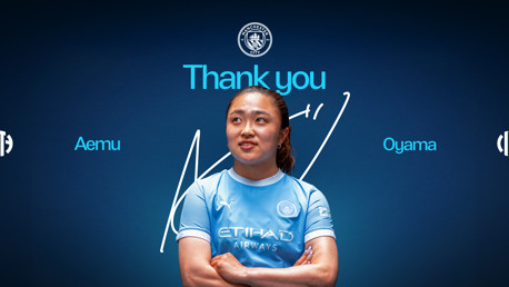 Soccer player in Manchester City jersey with club logos and text: 'Thank you' and 'Aemu Oyama'.