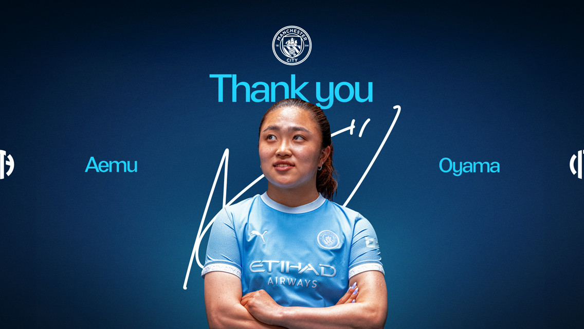 Soccer player in Manchester City jersey with club logos and text: 'Thank you' and 'Aemu Oyama'.