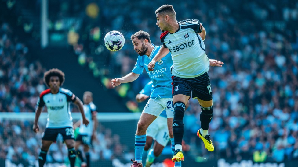 BATTLING BERNARDO : Our midfield maestro in the thick of the action.