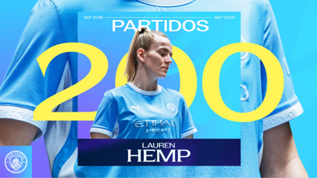 Graphic celebrating Lauren Hemp's 200 matches with Manchester City from September 2018 to September 2026, featuring her image in a blue Manchester City kit.