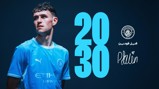 Green image featuring a portrait of a person next to the number 20, Manchester City logo, and Arabic text.