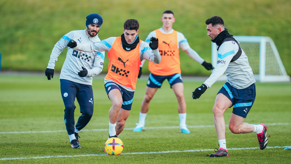 DRIVING FORCE : Julian Alvarez moves forward watched by Ilkay Gundogan, Phil Foden and Aymeric Laporte