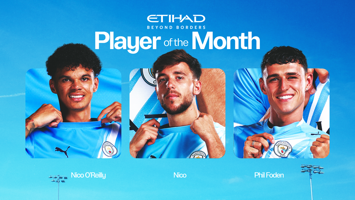 Image of Etihad Player of the Month nominees featuring blurred faces. The nominees are Nico O'Reilly, Nico, and Phil Foden, wearing Manchester City's sky blue jerseys.