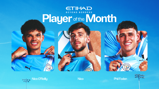 Image of Etihad Player of the Month nominees featuring blurred faces. The nominees are Nico O'Reilly, Nico, and Phil Foden, wearing Manchester City's sky blue jerseys.