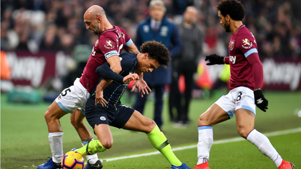 FAMILIAR FOE : Leroy Sane tangles with former City favourite Pablo Zabaleta