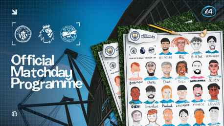Official Matchday Programme for Manchester City vs Brentford, featuring hand-drawn player portraits, logos, and match details.