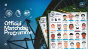 Official Matchday Programme for Manchester City vs Brentford, featuring hand-drawn player portraits, logos, and match details.
