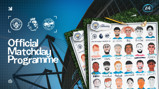 Official Matchday Programme for Manchester City vs Brentford, featuring hand-drawn player portraits, logos, and match details.
