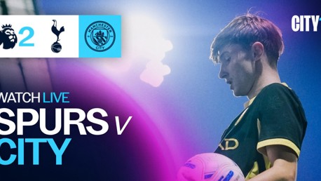 Promotional banner for live streaming of Spurs vs Man City match with score 2-0 and logos of the Premier League, Tottenham Hotspur, and Manchester City.