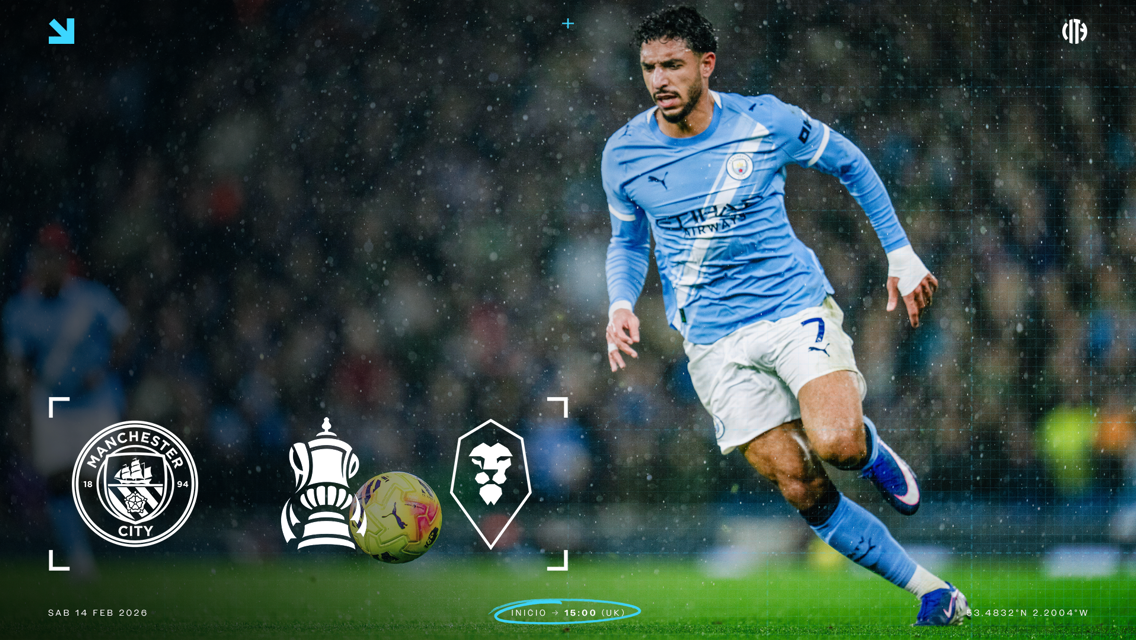A Manchester City player in a blue kit running on a soccer field. The match details show Manchester City vs Salford City in the FA Cup on Saturday, February 14, 2026, at 15:00 UK time.