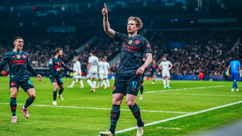 EARLY STRIKE : KDB celebrates after his accurate early finish.