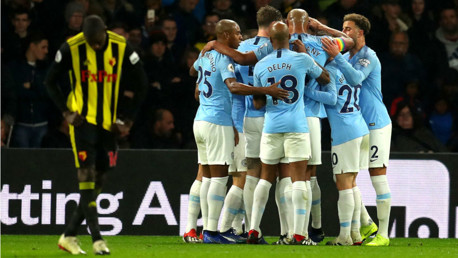 CELEBRATION TIME: The City players celebrate Leroy Sane's goal