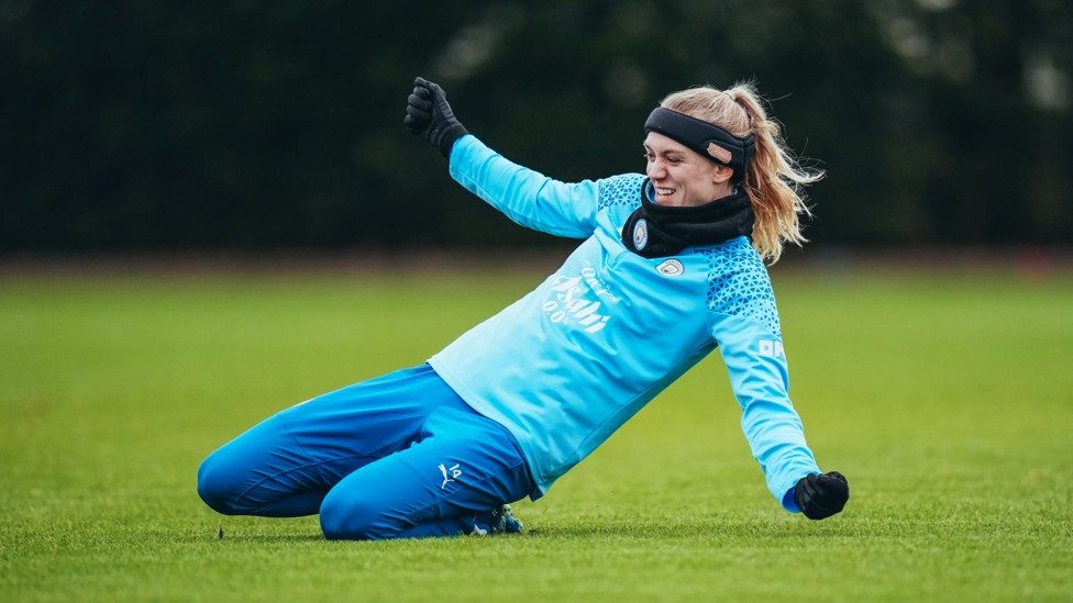JUBILATION : Esme Morgan celebrates with a cool knee slide!