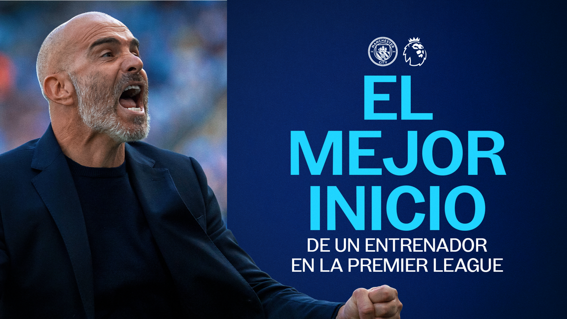 A bald coach passionately shouting with text saying 'EL MEJOR INICIO DE UN ENTRENADOR EN LA PREMIER LEAGUE'. Manchester City and Premier League logos are present.