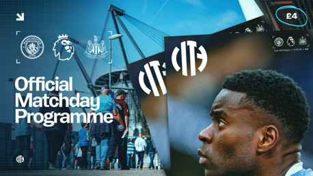 Official matchday programme cover featuring Manchester City vs Newcastle United, with the Premier League logo and Etihad Stadium background.