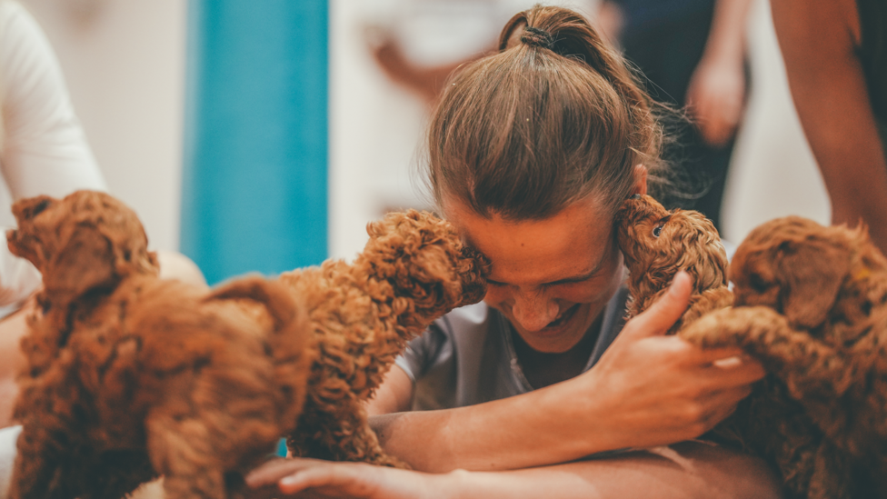 ALL THE LOVE : Kerstin Casparij is the centre of attention with these puppies