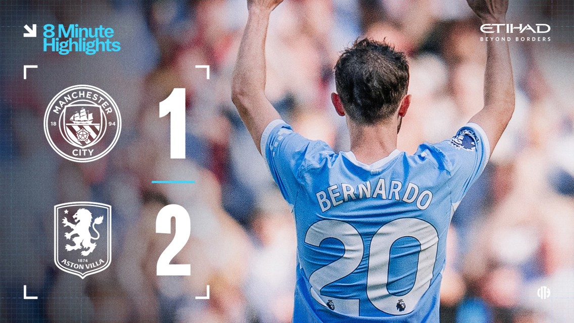 A result graphic showing Manchester City 1 - 2 Aston Villa from a football match. The image includes a player in a Manchester City jersey with the name 'Bernardo' visible.