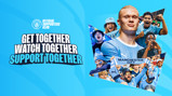 A blue promotional poster for the Manchester City Official Supporters Club featuring fans, a player in a Man City kit, and bold white text saying 'Get Together Watch Together Support Together.'