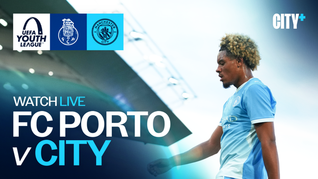 Promotional image for a live UEFA Youth League match between FC Porto and Manchester City, featuring a player in a Manchester City jersey. Includes logos of the UEFA Youth League, FC Porto, and Manchester City.