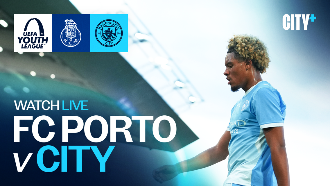 Promotional image for a live UEFA Youth League match between FC Porto and Manchester City, featuring a player in a Manchester City jersey. Includes logos of the UEFA Youth League, FC Porto, and Manchester City.