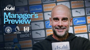 Promotional graphic for Manchester City vs Fulham with a blurred manager's face. Includes logos of Manchester City, Fulham, and Premier League. Date displayed: Tue 10 Feb 2026.