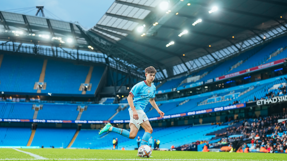 SEEING THE LIGHT: Tom Galvez powers upfield at the Etihad.