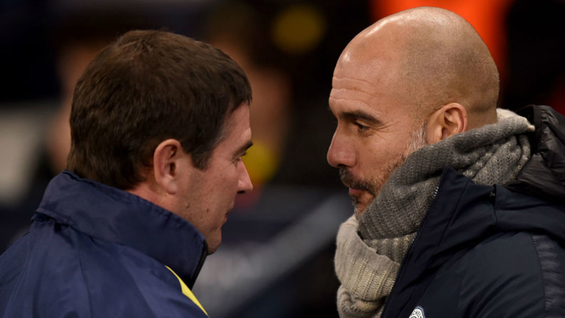 MUTUAL RESPECT: Pep Guardiola greets Burton counterpart Nigel Clough