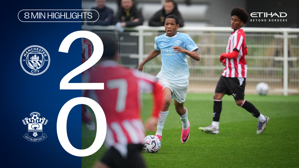 Manchester City U18 team won 2-0 against Southampton U18. The image includes a Manchester City player in a blue kit competing against Southampton players in a red and white striped kit on the field.