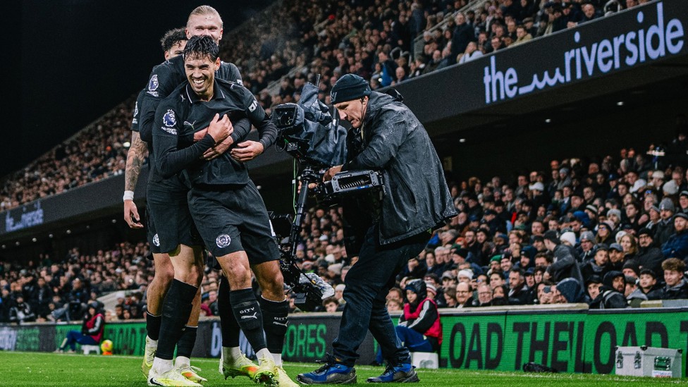 DOUBLE DELIGHT: The celebrations begin after Tijjani Reijnders' brilliant goal.